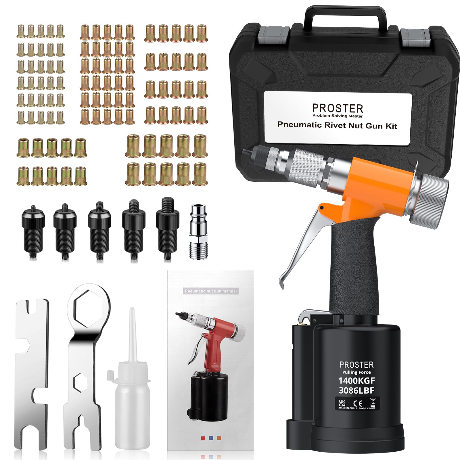Proster Druckluft Nietmutternzange Set Nietmutterpistole, 100PCS Nietmutter Set, 5 Stück Metrische Mandrels (M4-M10), Luftdruckhydraulisches Werkzeug für Automobil, Industrie, Heimwerkerprojekte
