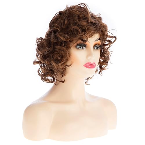 Miniatura 8 de Baruisi Pelucas cortas rizadas y onduladas rubias marrones para mujer, peluca de repuesto de cabello sintético de aspecto natural