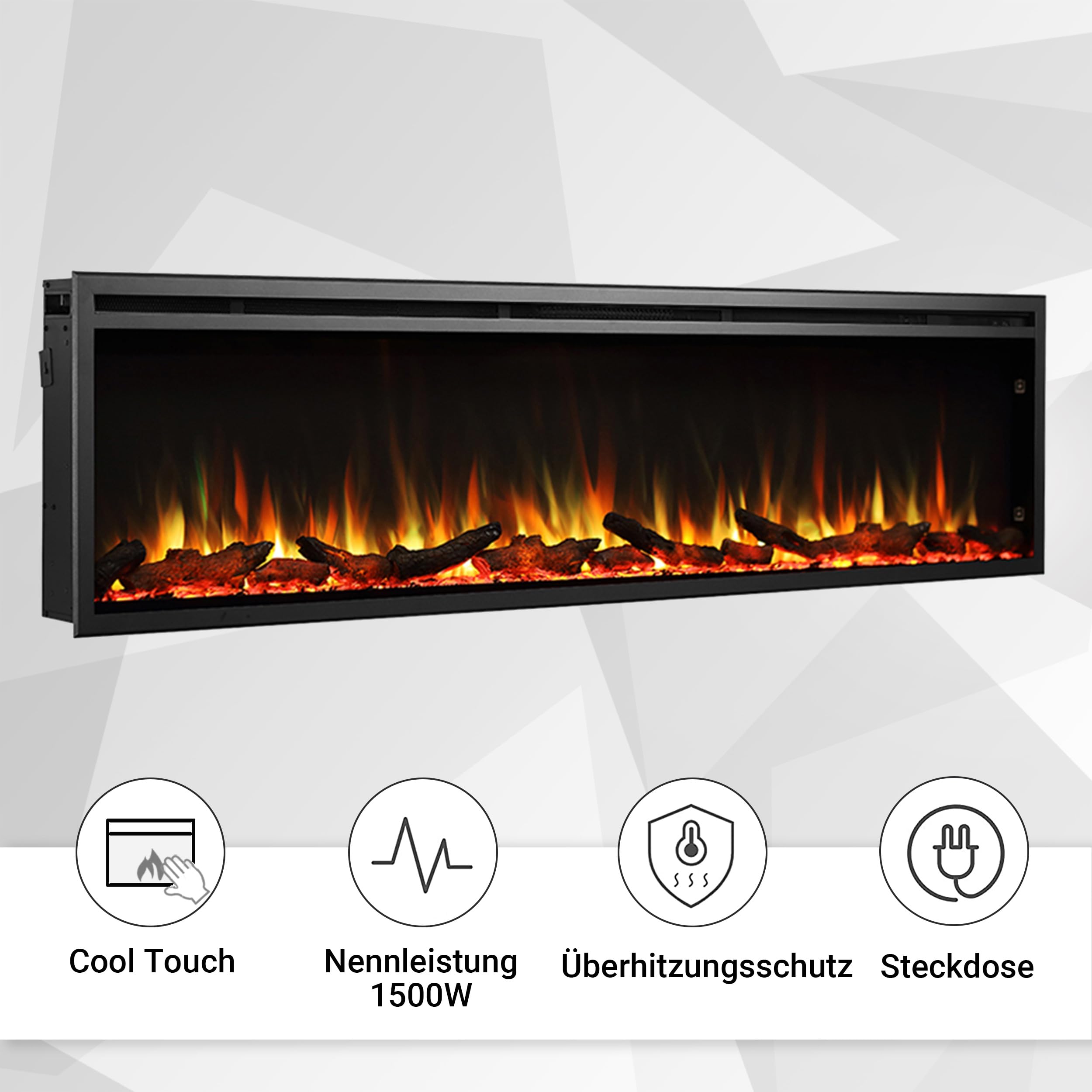 BALDERIA Atalanta 72 Einbau Kamin, App Steuerung | Elektrischer Einbaukamin, Heizung 1000/2000 W, 3D-Flammeneffekt, Knisterfunktion, Fernbedienung, Timer, Thermostat