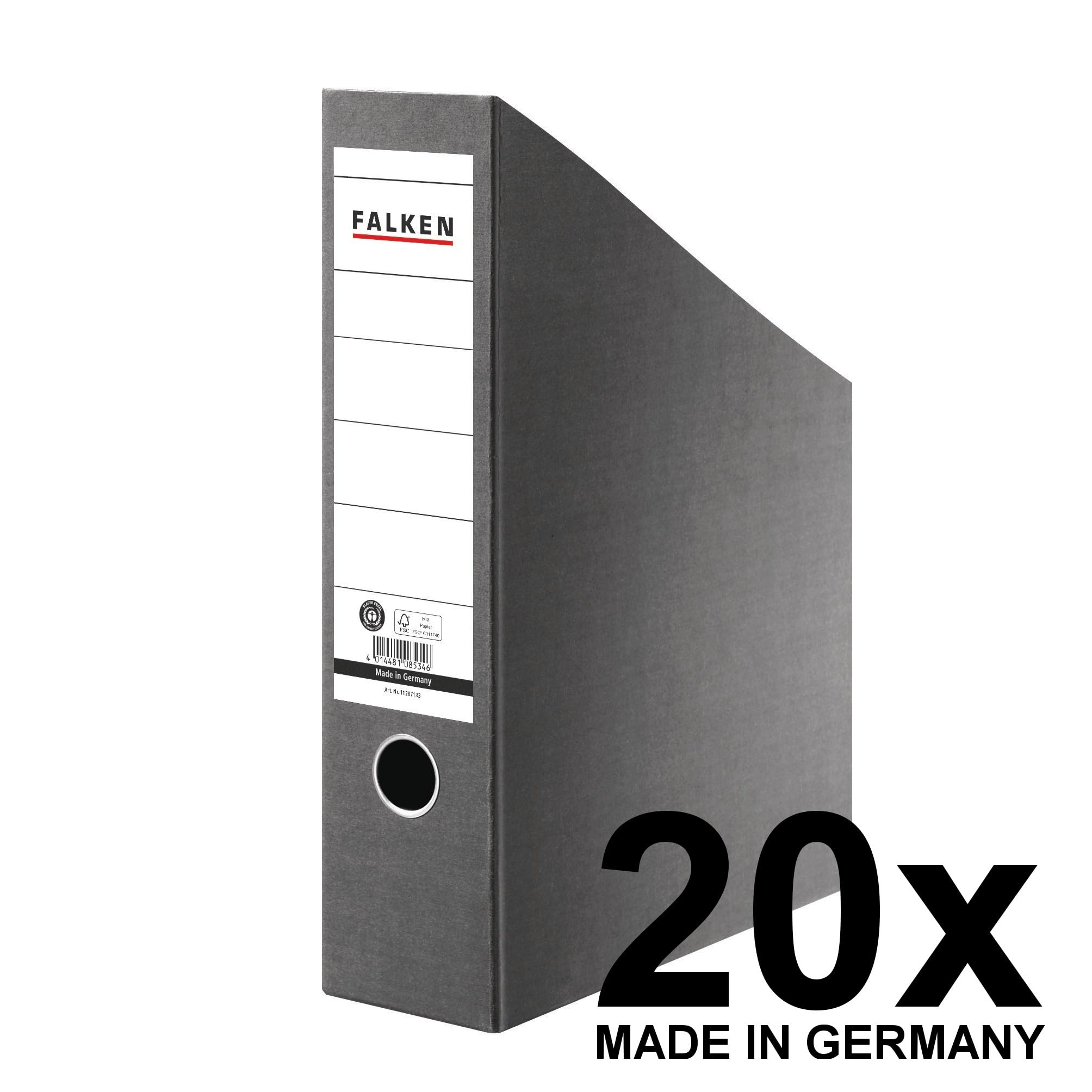 Original Falken 20er Pack Stehsammler. Made in Germany. Zeitschriftensammler grau aus Hartpappe für DIN A4/C4 7,5 cm breit genietet, Beschriftungsschild und Griffloch Blauer Engel