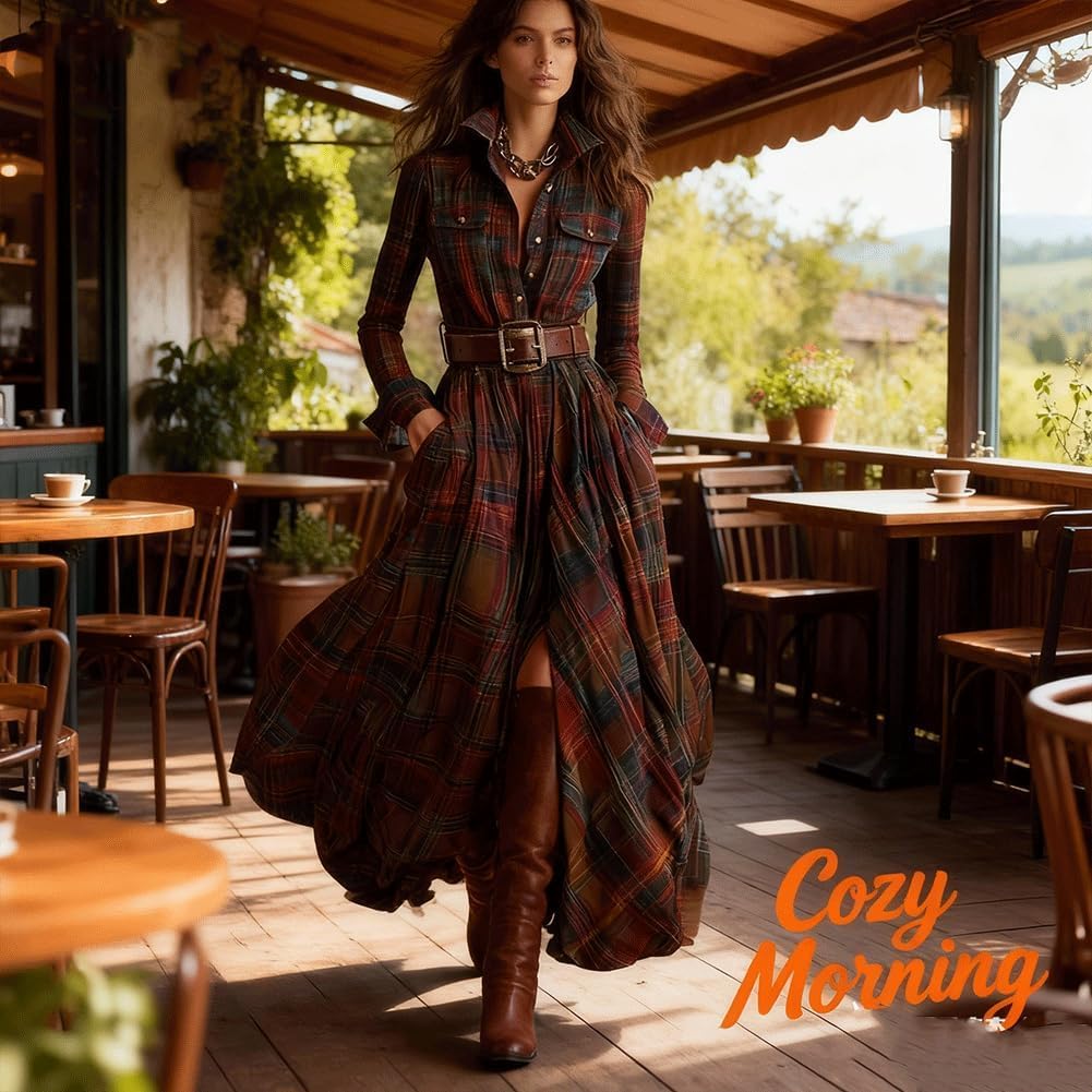 Plaid Maxi Dress for Women,Western Dresses Women Tartan Long Dress Vintage V-Neck Long-Sleeve Pastoral Style Dress - Image 3