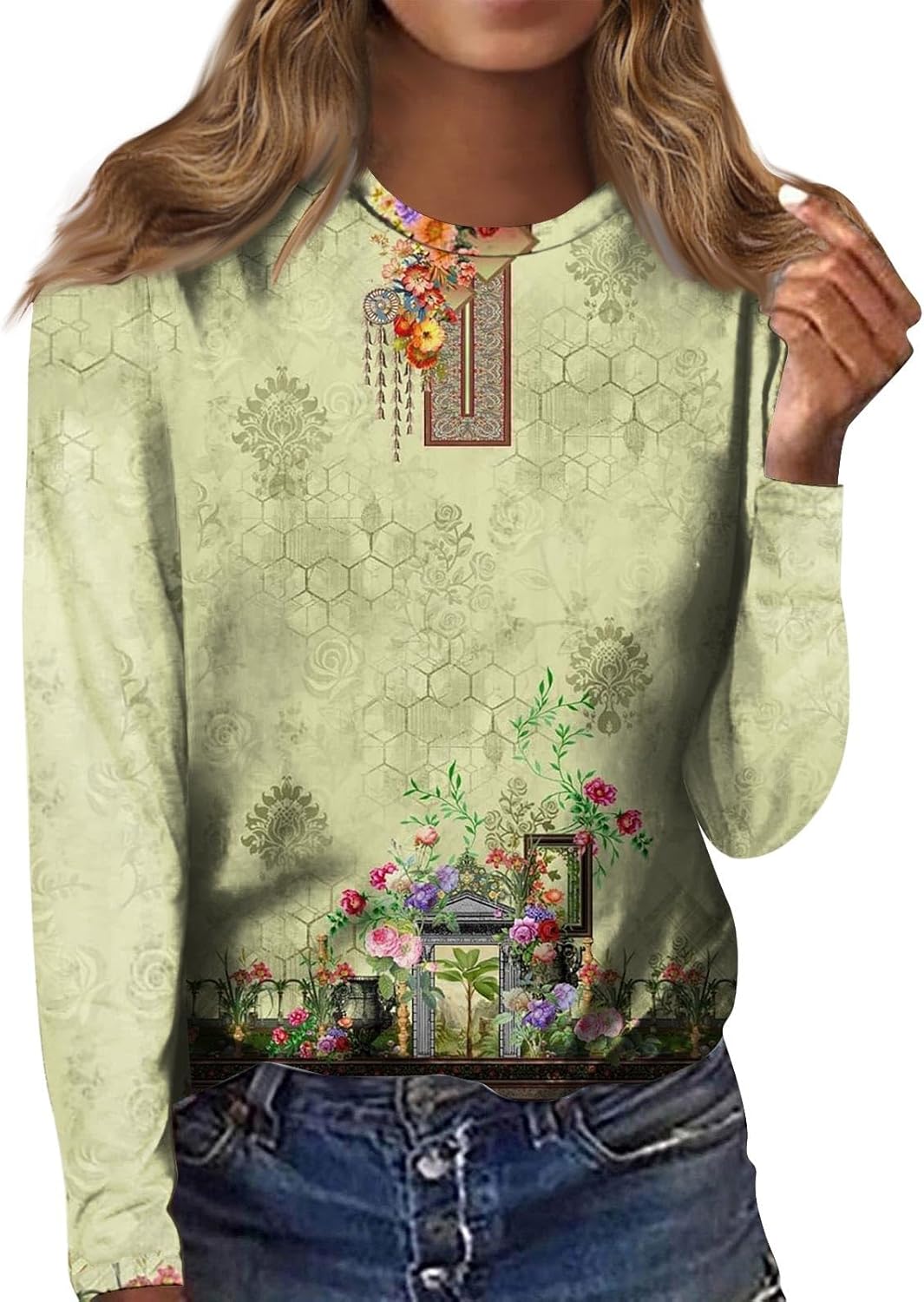 Bohemian Blue O Neck Print Patchwork Cotton Tops Spring TH046 main image 0