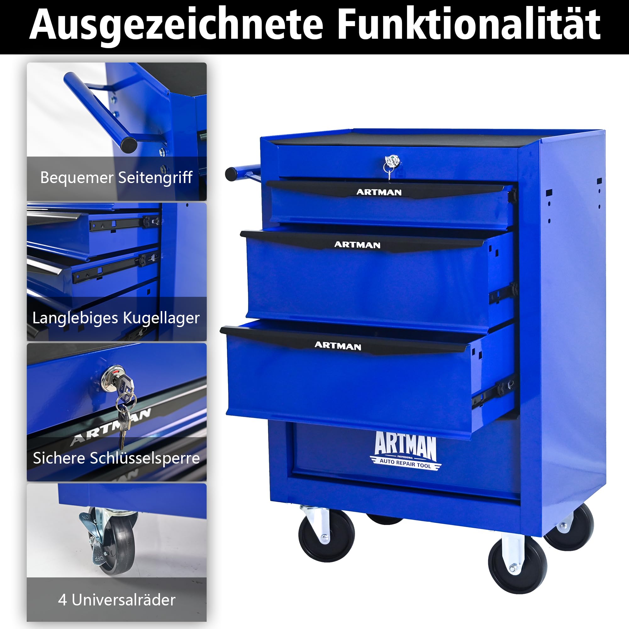 Rolling Metall-Werkzeugkiste con Steel, 4 Cassetti e Ruote con Freno, Armadio per Attrezzi 20" con Guide a Sfere, Organizzatore Garage e Officina, Nero e Blu, 52.4 x 33 x 65.6 cm