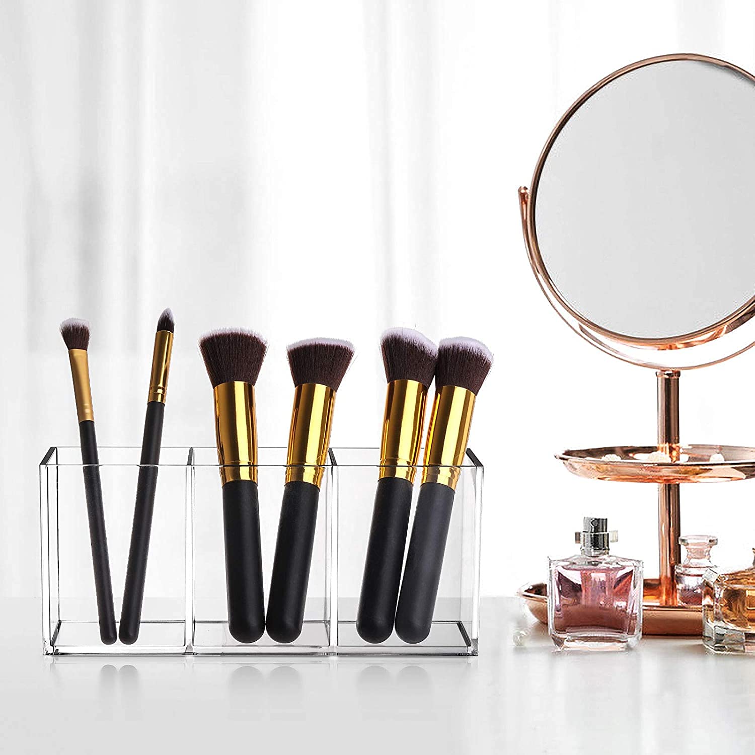 OWAYOTO Clear Acrylic Makeup Brush Organizer - 3 Slot Office Desk Stationery Tray - Image 4