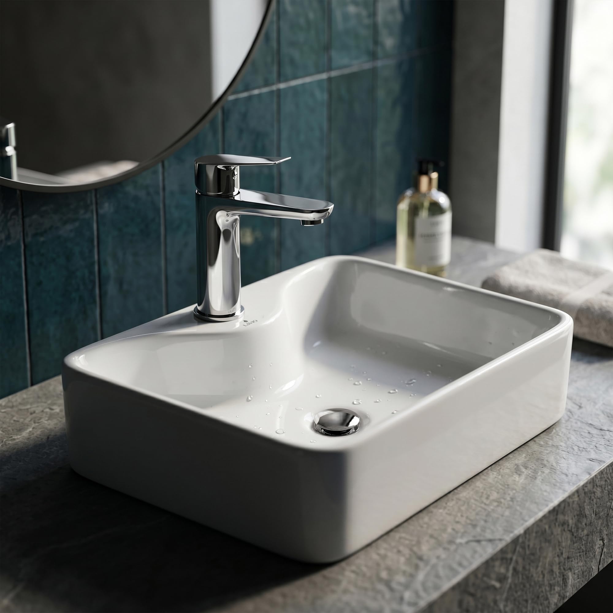 AKORD Lavabo da Appoggio Rettangolare AURA in Ceramica per Bagno, Moderno con Foro Rubinetteria, 47x37,5x14 cm, Bianco Lucido