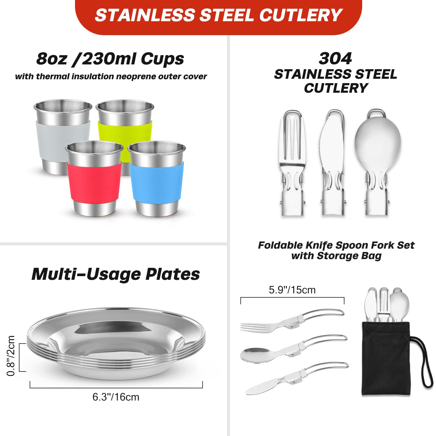 Odoland Kit de utensilios de cocina de camping para 3-4 personas, portátil, de acero inoxidable, para camping, mochileros, cocina al aire libre y picnic