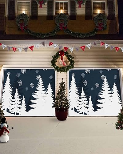 Miniatura 9 de Pancarta de Navidad para puerta de garaje, 7 x 16 pies, árbol de Navidad brillante, copo de nieve, rojo y blanco, decoración de puerta de garaje de