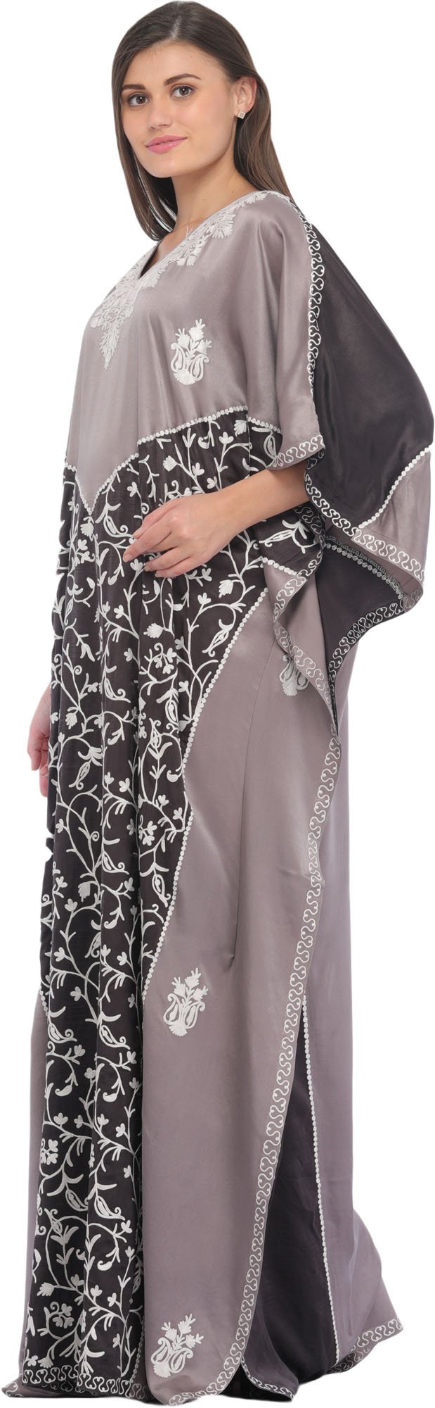 Exotic India Opalowo-szary i łupkowy Ari-haftowany kaftan z Kaszmiru - szary
