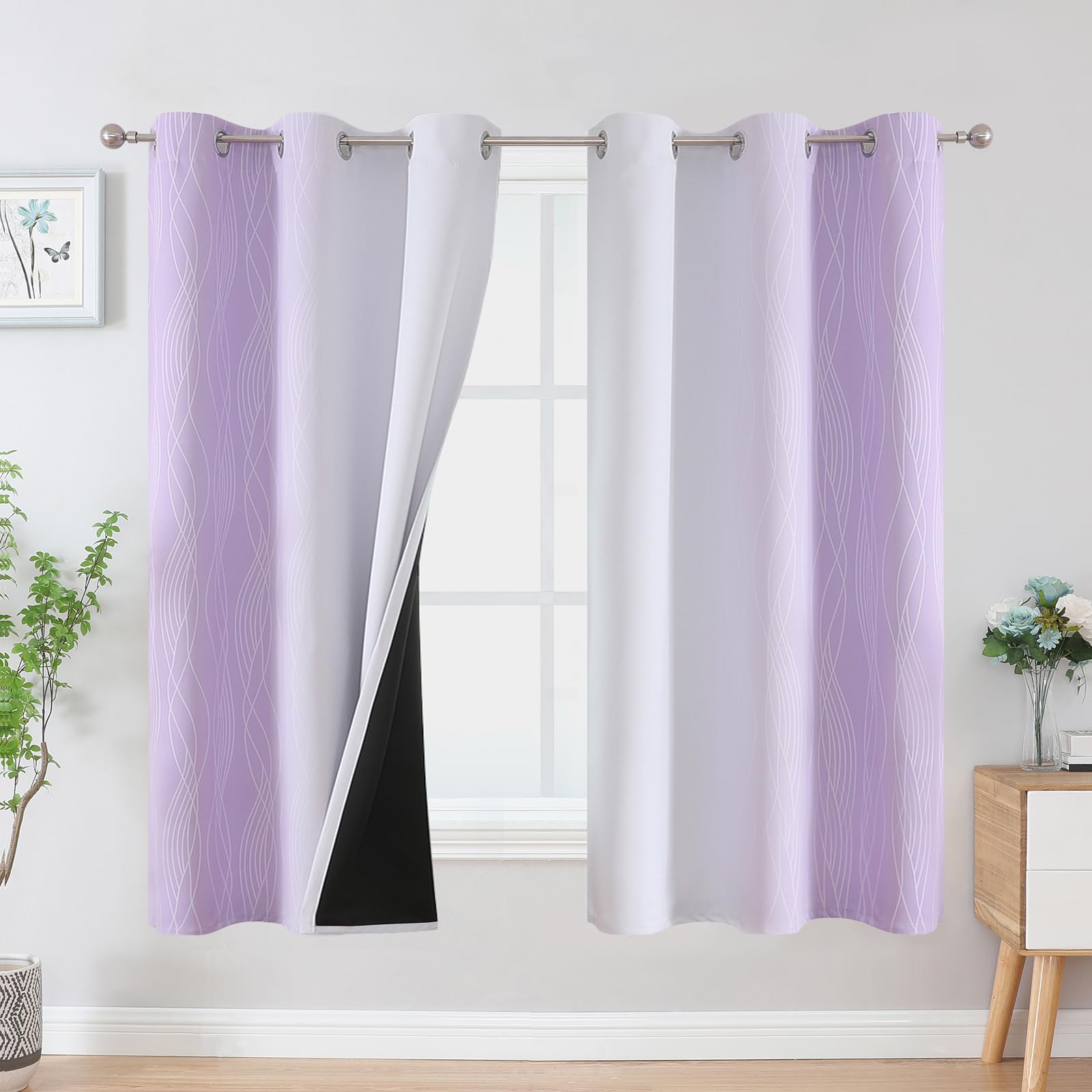 Estelar Textiler Lilac and Greyish White Blackout Curtains &amp; Drapes for Bedroom, Thermal Insulated Ombre Blackout Drapes, Room Darkening Energy Saving Curtains for Living Room, 42Wx63L, 2 Panels