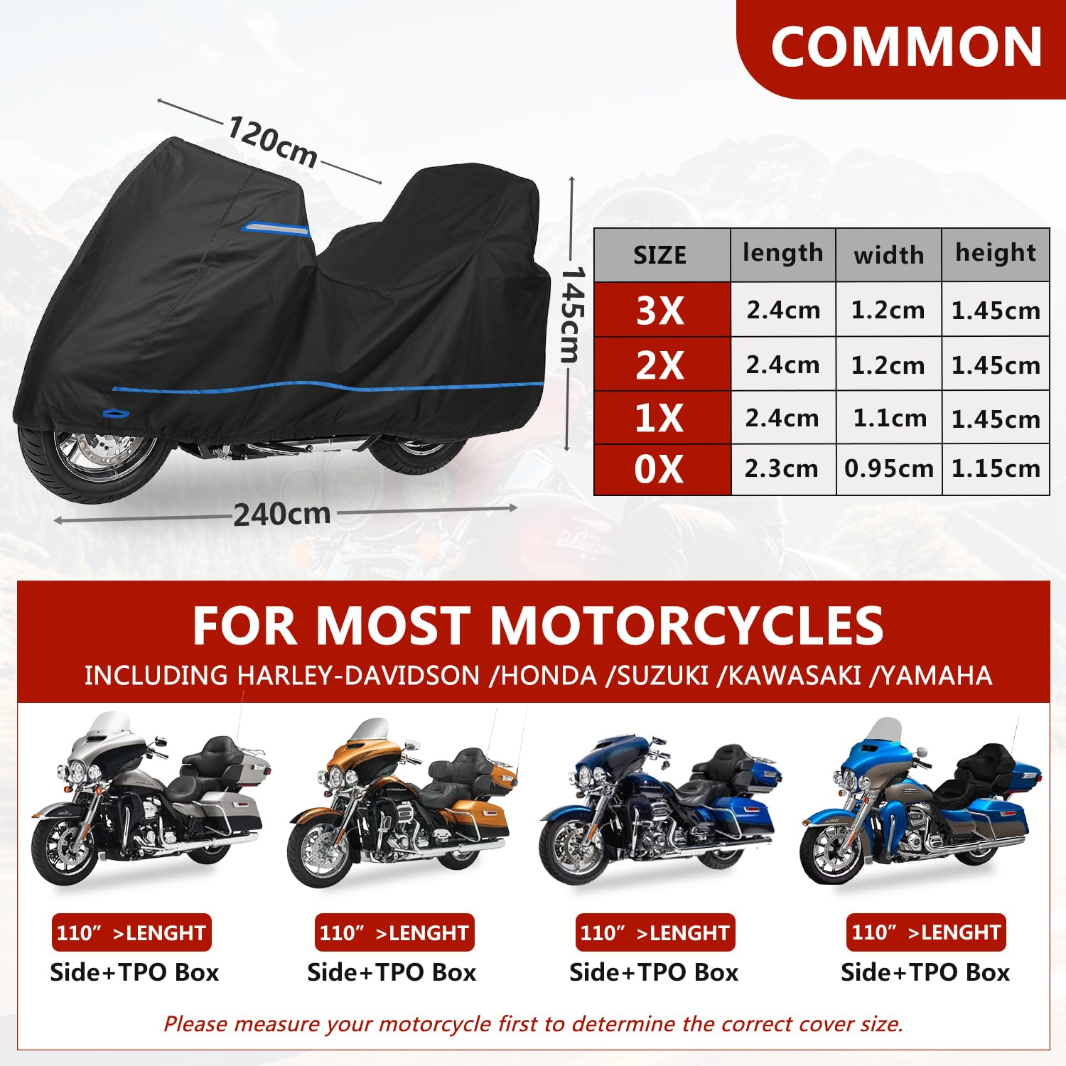 MotorradPlane für Harley—Obenbox+Seitenbox Ausführung, Motorrad Abdeckplane für Honda,Motorrad Abdeckung für BMW,mit Windschutzgurt & Reflektierenden Streifen,Für Modelle Suzuki/Kawasaki,240×120×145cm