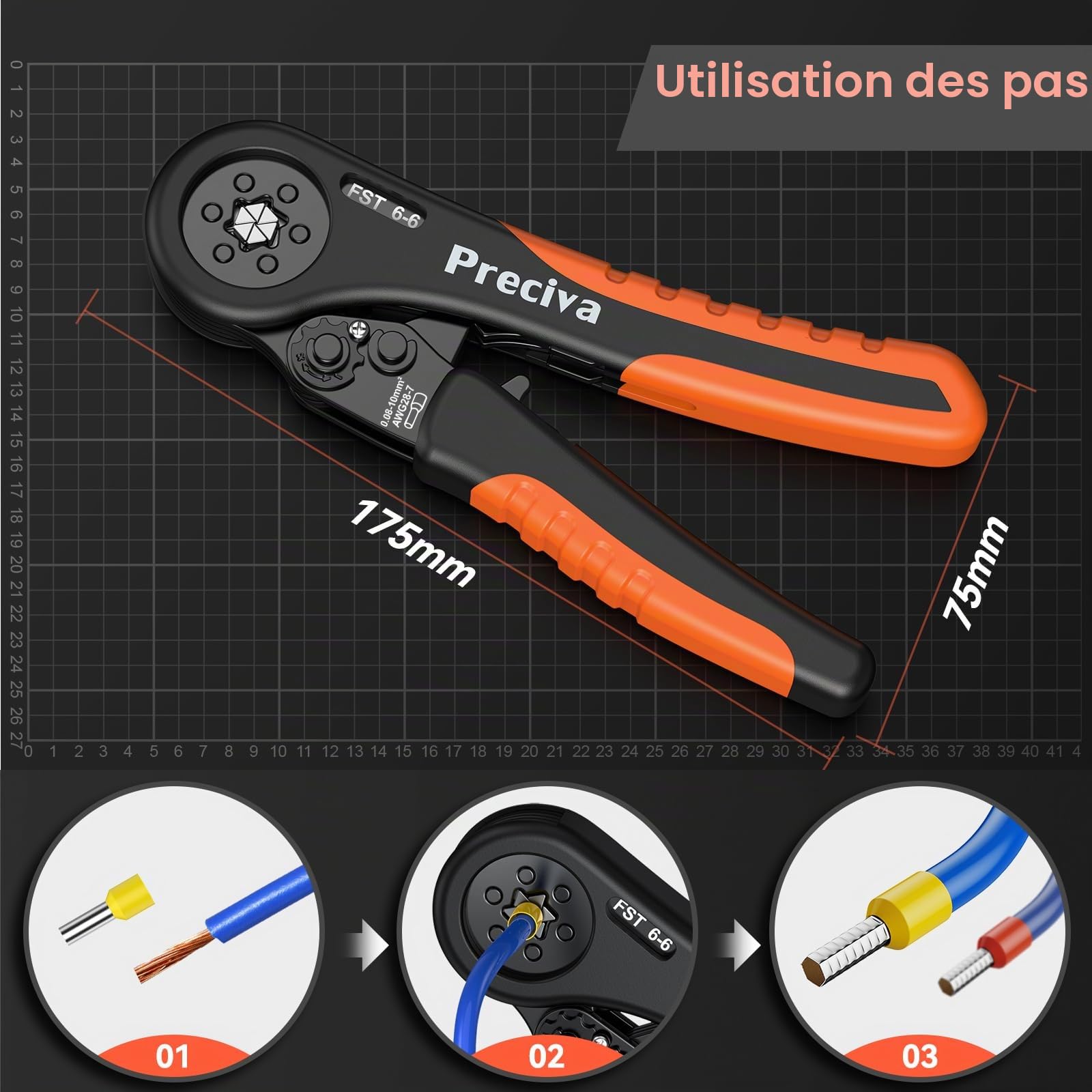 0.08-10mm² Pince a Sertir, Preciva Pince à Sertir avec 2000PCS Cosse Electrique, Pince à Sertir à Cliquet Réglable, B Type Pince a Sertir Cosse Electrique Kit D'outils de Sertissage