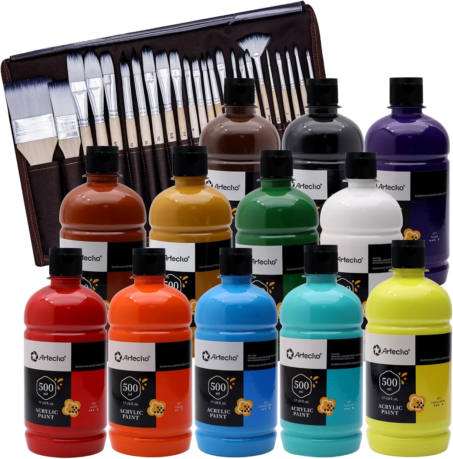 Artecho 24 PCS Paint Brushes & 12 Colors Large Bulk Acrylic Paint Set (500ml/17oz) Bottles