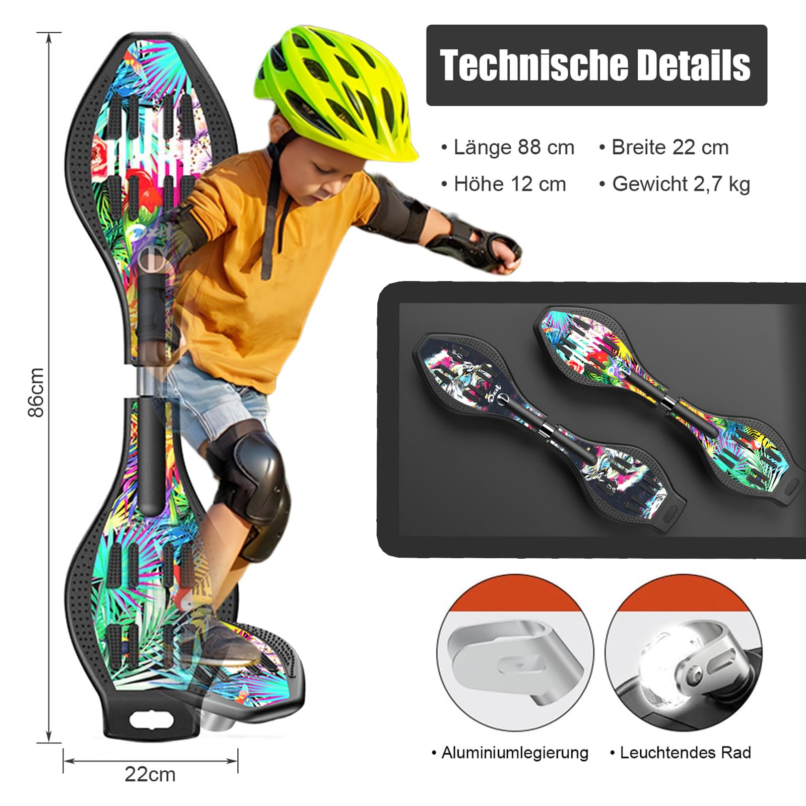 Profi Waveboard Kinder ab 10 Jahre mit ABEC-7, Street Surfing Waveboards Erwachsene, Snakeboard mit Anti-Rutsch Noppen, Skateboard für Mädchen und Junge, Bis 100kg, inkl. Tasche