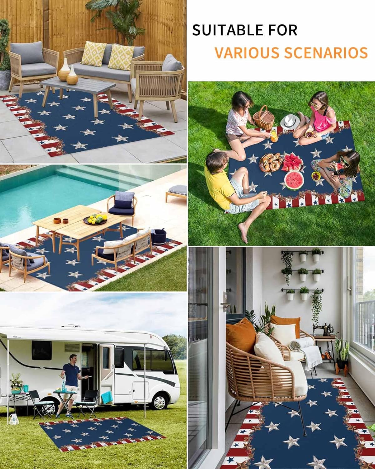 4th of July Outdoor Rug 6x9 ft Patriotic Star Stripes Outdoor Large Area Rug Non Slip Rustic Red Blue Independence Day Front Door Mat RV Camping Carpet Patio Outdoor Rugs for Backyard Balcony Indoor