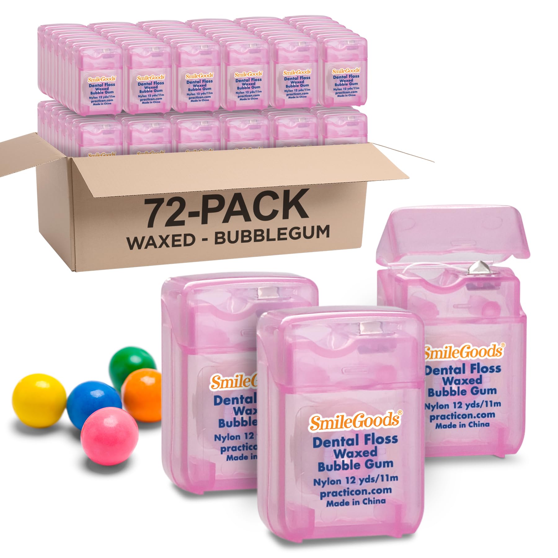 SmileGoods Waxed Dental Floss, 12 yds, Bulk Pack of 72, Bubble Gum Flavored