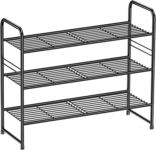 Zapatero de 3 niveles, organizador de zapatos de armario para entrada, soporte apilable de almacenamiento de zapatos resistente, color negro