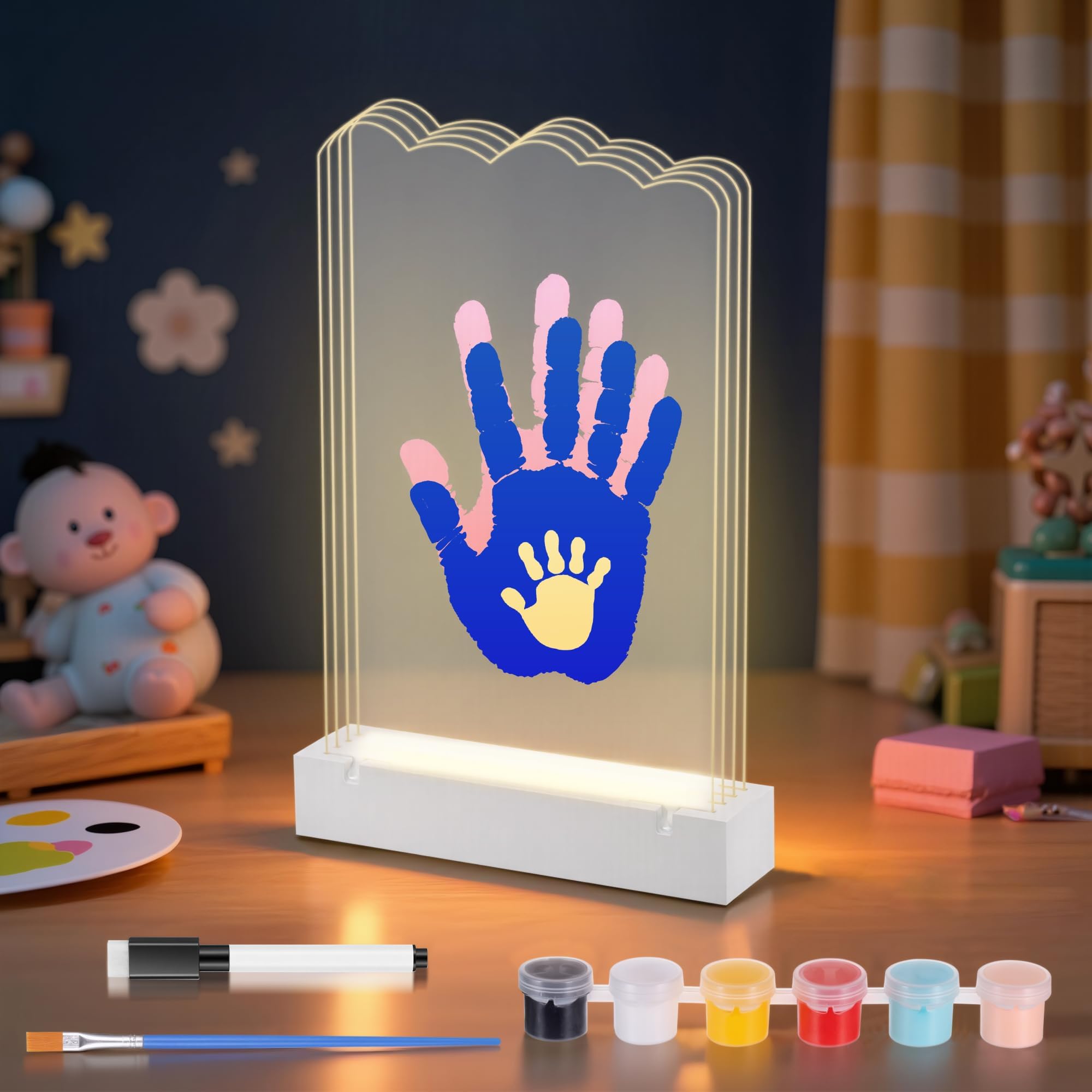 Kssvzz Family Handprint Kit with 4 Acrylic Plates & Light-Up Base, Baby Hand and Footprint Kit with Non-Toxic Washable Ink