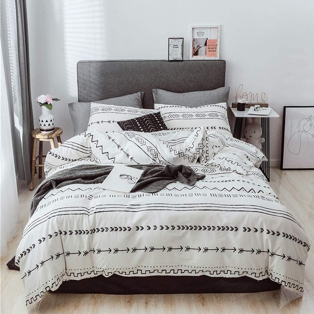 Feelyou Boho Geometric Comforter Cover Set King Size 100% Natural Cotton Bohemian Aztec Bedding Set Modern Decorative Black White Striped Pattern Arrows Duvet Cover with Zipper Pillowcases Luxury