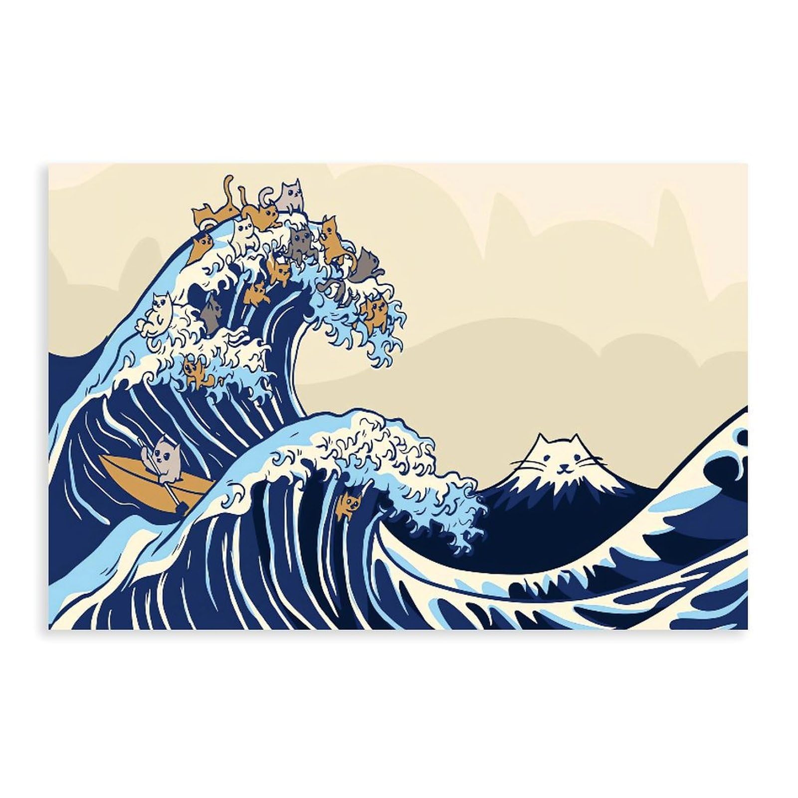 Qnvjqkdsi Unframe Kanagawa Wave With Cats Art Canvas Poster Bedroom Decor Landscape Office Room Decor Gift 24" L X 36" W
