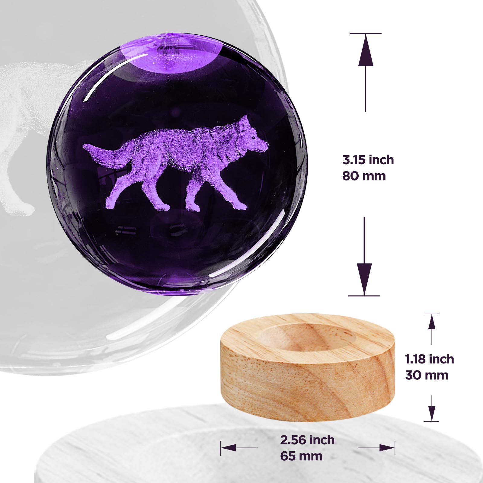 Lampka nocna 3D z kryształową kulą wilka, 8 cm k9, kryształowa kula z 16 zmieniającymi się kolorami, drewniana podstawa i pilot zdalnego sterowania, figurka wilka, statuetka, prezenty dla