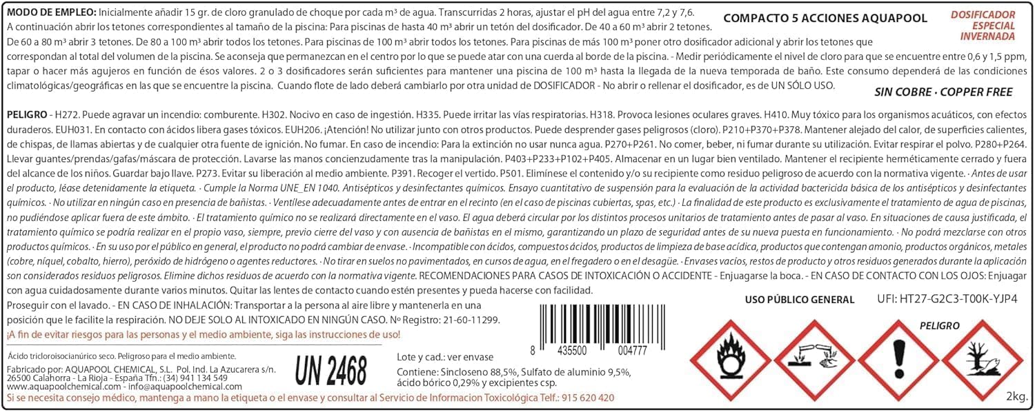 Pack 4 UDS - DOSIFICADOR INVERNADA Ion Pure 8 KG (4x2 KG) - Compacto 5 Acciones - Sin Cobre - Tratamiento autodosificador Piscinas Invierno - Apto Piscinas Liner