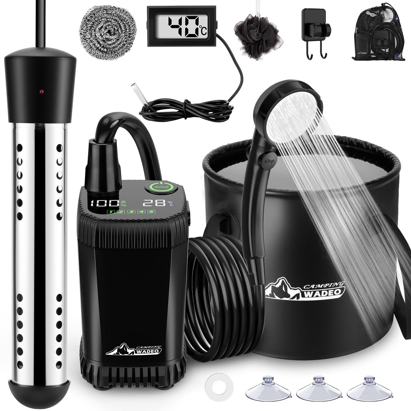 WADEO Tragbare Campingdusche akku 6000 mAh mit Pumpe Tauchsieder und 20l-Wasserbehälter, wasserdichte Campingpumpe Outdoor-Duschset mit Heizfunktion für Wandern Reisen Garten Autowäsche Notfälle