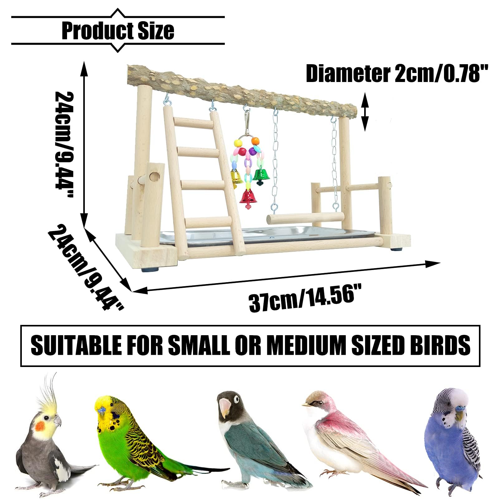 PINVNBY Parque de Juegos para pájaros, Soporte de Madera para Loros, Soporte de Madera para Ejercicio, para Gimnasio, Escalera con Tazas de comedero, Juguetes Colgantes para periquitos, Conure