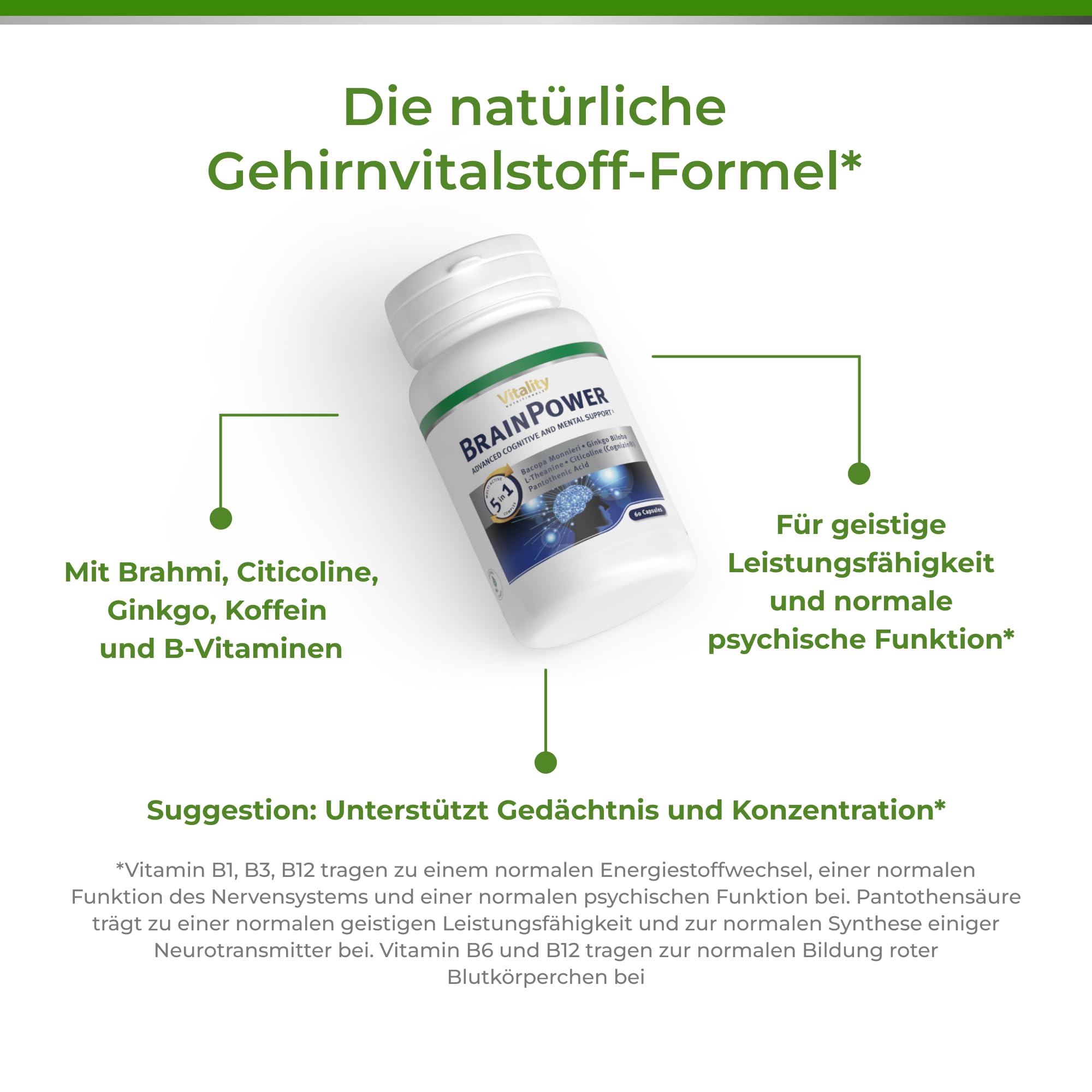 Brain Power Kapseln mit Ginkgo Biloba, Brahmi, L-Theanin, Koffein (60 Stk) Brain Booster Komplex für Arbeit, Uni, Gaming; Gehirnleistung, Konzentration & Gedächtnis Kapseln Vitality Nutritionals