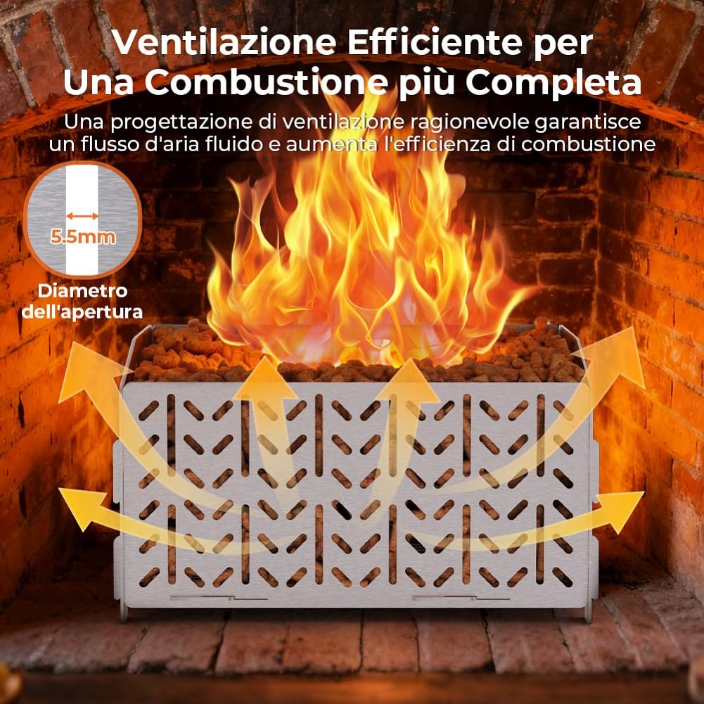 OUSFOT Cestino a pellet per caminetto in acciaio inox 430, contenitore a pellet, 30 x 25 x 17 cm, 2,8 kg, portatile, cestino granulare per intarsi, cestello per stufa a legna, camino aperto