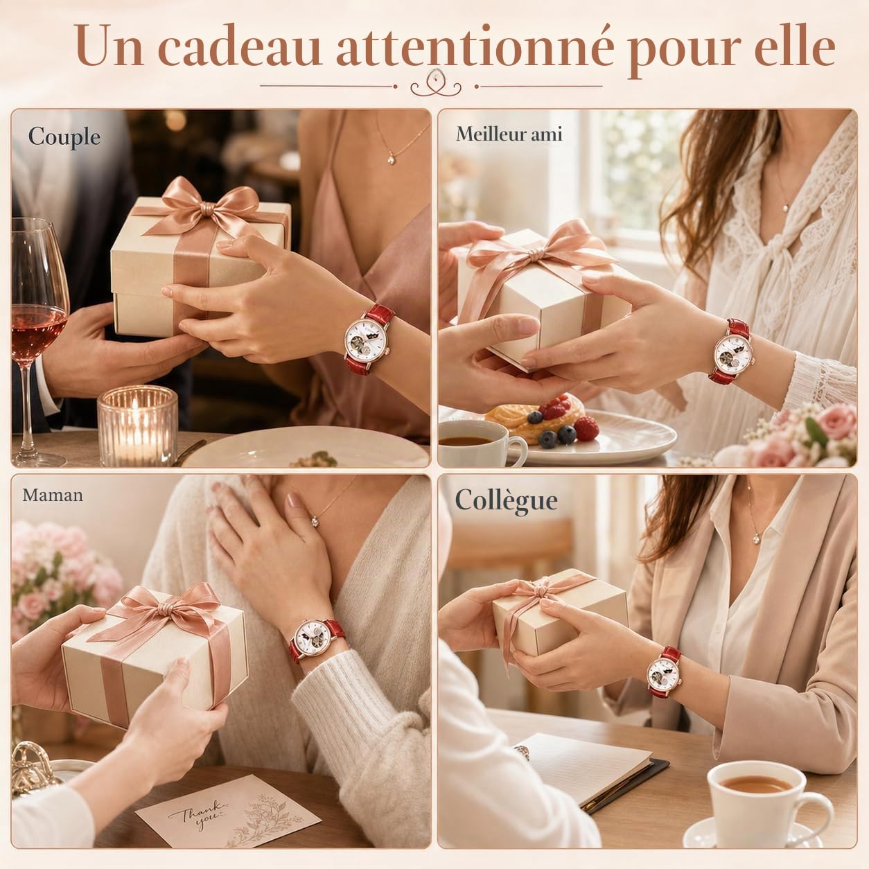 Montre mécanique automatique pour femme en acier inoxydable avec cadran à phases de lune et bracelet en cuir étanche