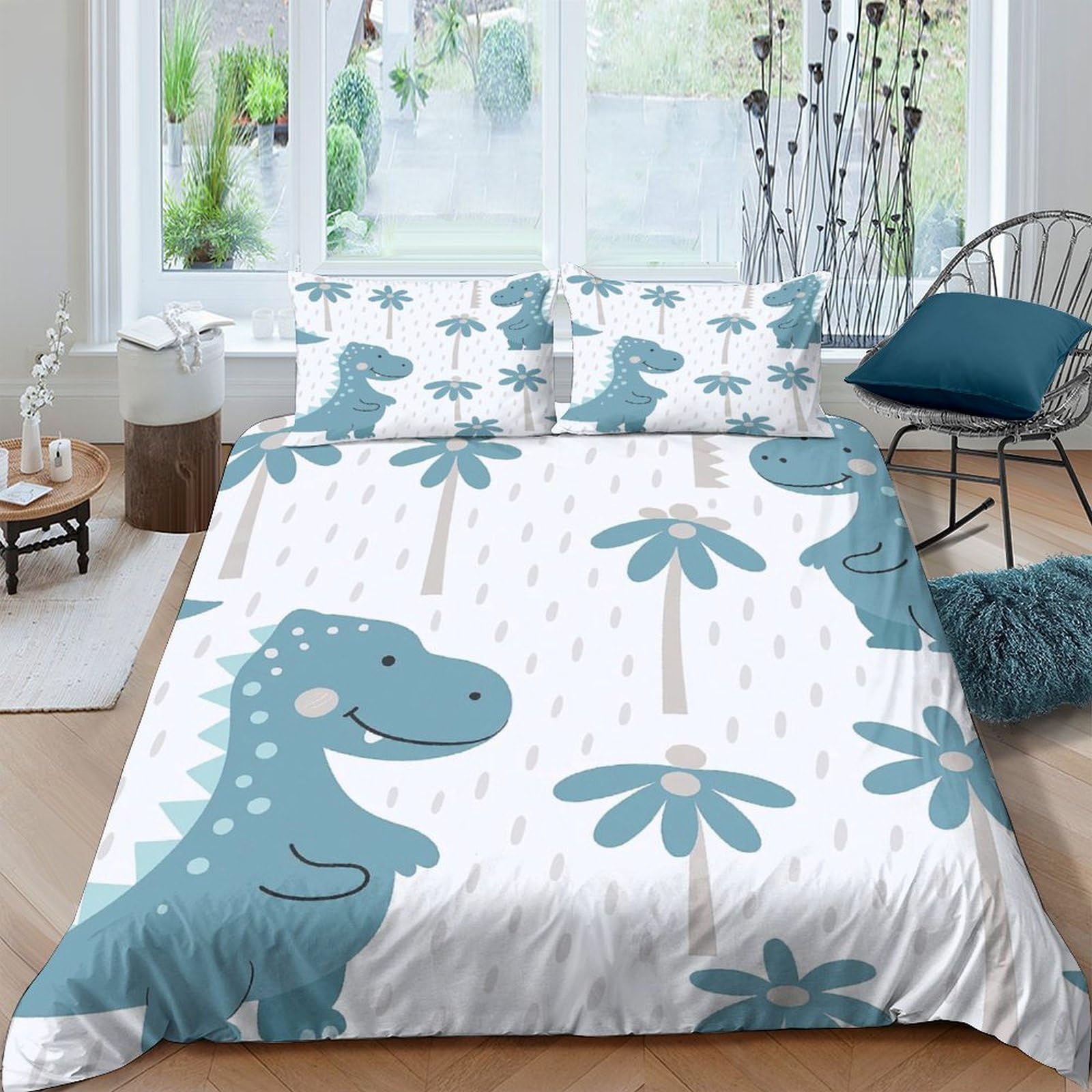 Ctjqhvkz Style-4 3D Printed Blue Dinosaur Fitted Sheet Microfiber Soft Breathable Palm Tree Bed Cover For Bedroom Dorm Mattress Protection Decor Single（135X200cm）