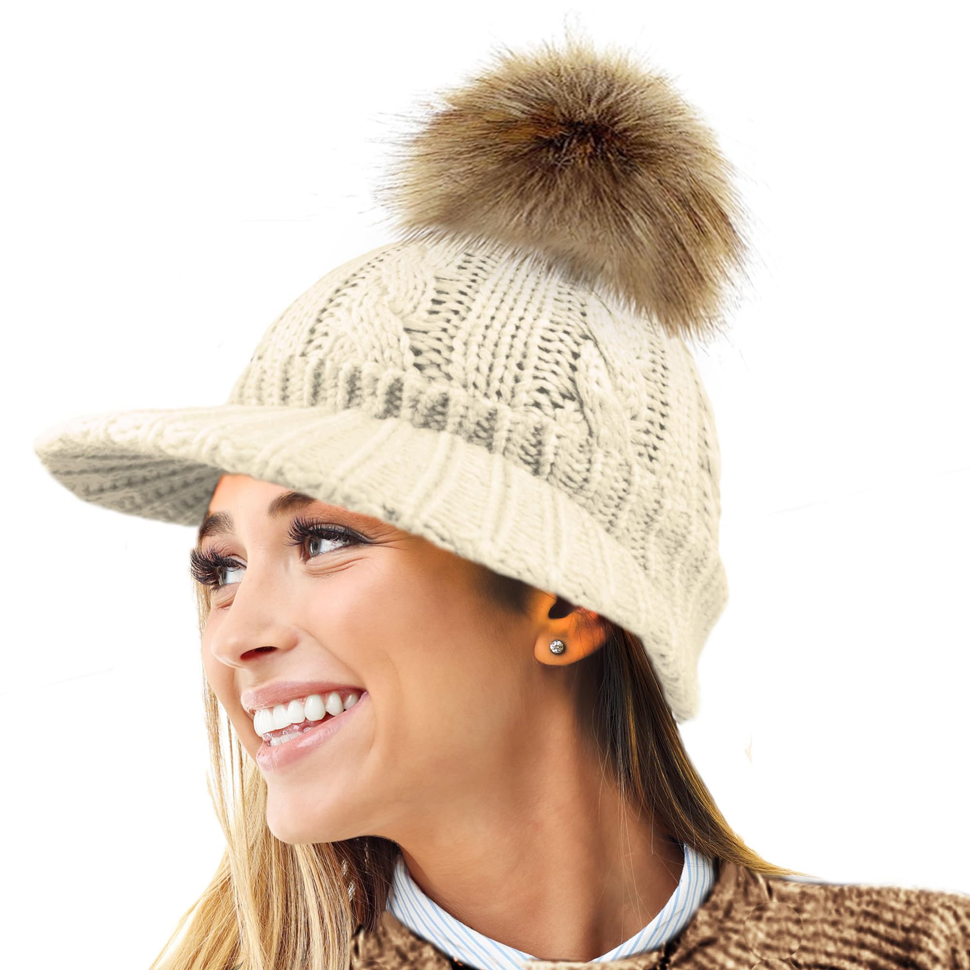 Rockjock Women's Natural Warm Fleece Lined Knitted Peaked Beanie Baseball Cap With Detachable Faux Fur Pompom- Wear With Or Without-1