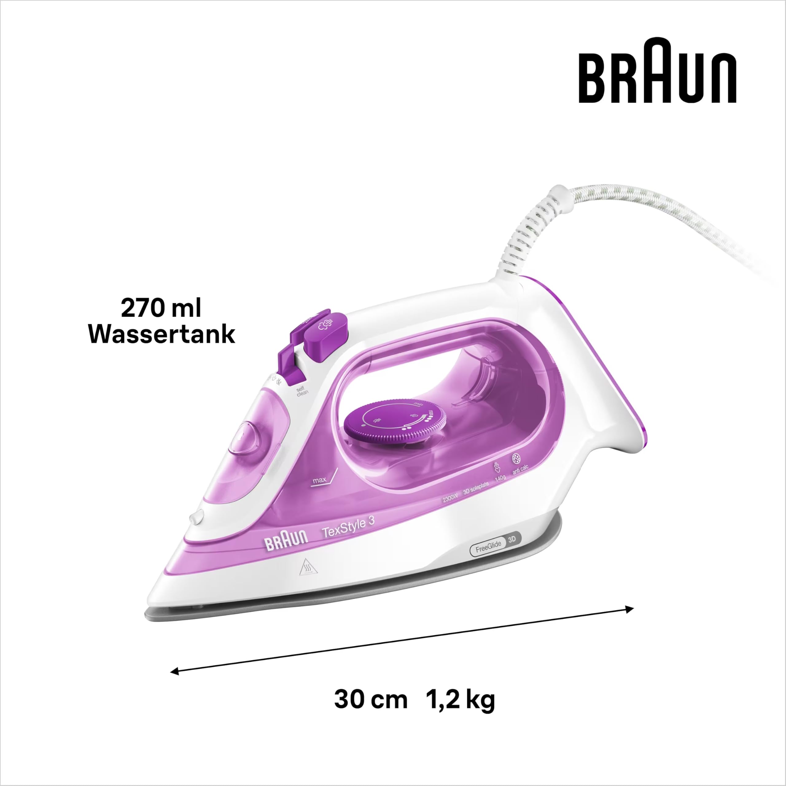 Braun TexStyle 3 SI 3030 PU Dampfbügeleisen - Bügeleisen mit FreeGlide 3D Bügelsohle 140 g – Bild 3