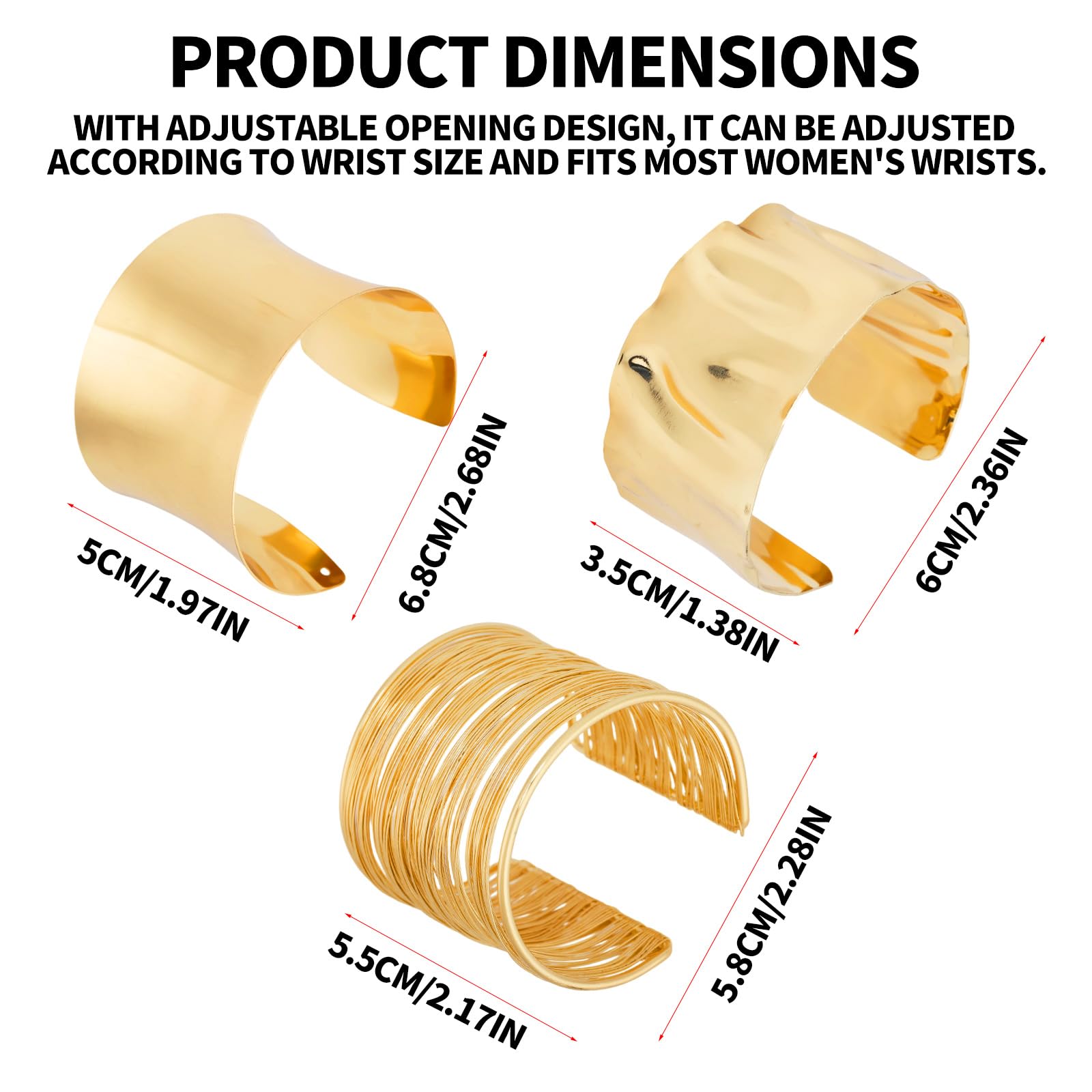 Mikovivi 3pz Set Bracciali Rigidi Dorati per Donna, Filo Liscio e Polsino Aperto Martellato Bracciale Braccio Largo Chunky Irregolare Parte Gioielli da Polso Regolabili per Feste Regali Quotidiani