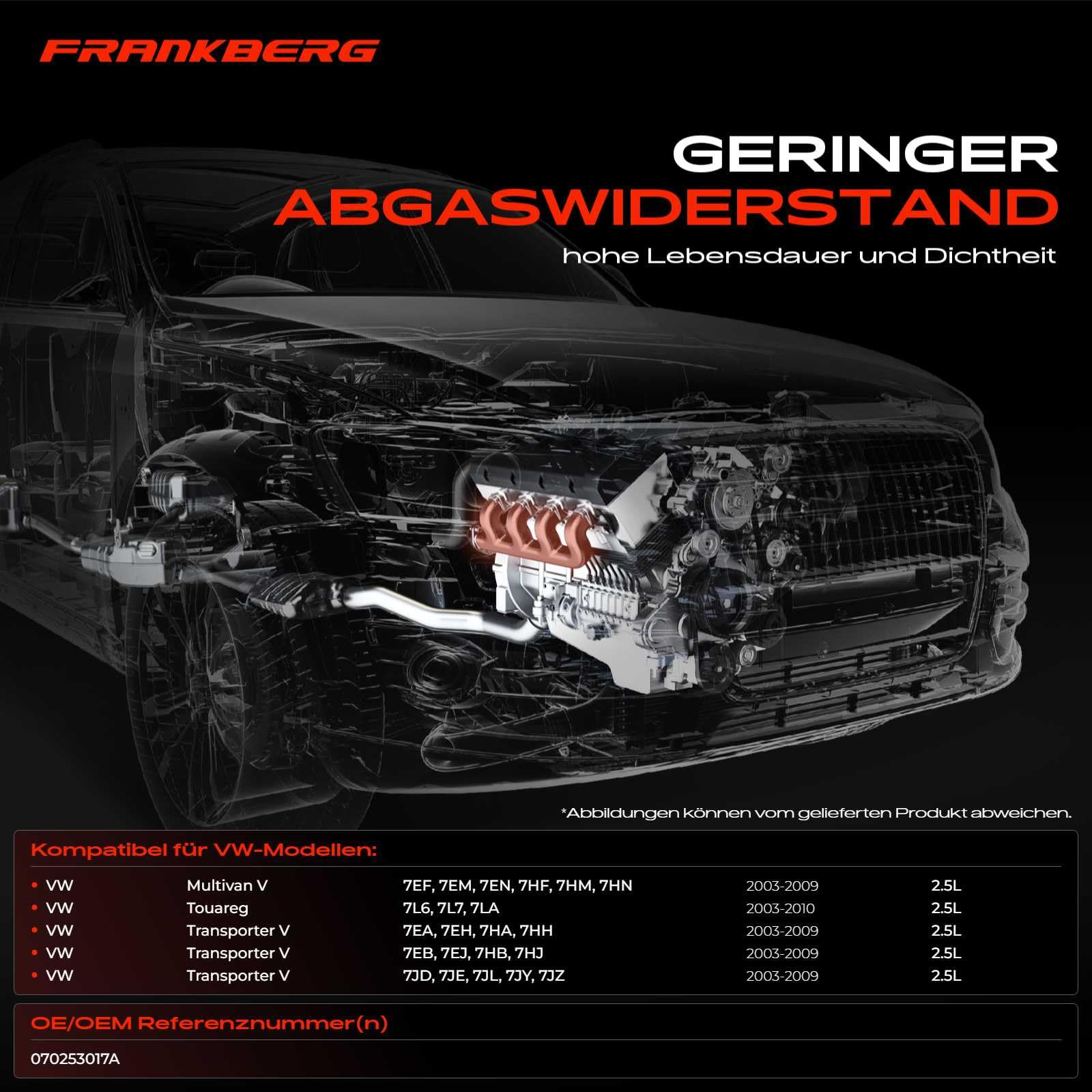 Frankberg 1x Abgaskrümmer Auspuff Krümmer Kompatibel mit M.u.l.t.i.v.a.n V 7EF 7EM 7EN 7HF 7HM 7HN 2003-2009 T.o.u.a.r.e.g 7L6 7L7 7LA 2006-2010 Replace# 070253017B