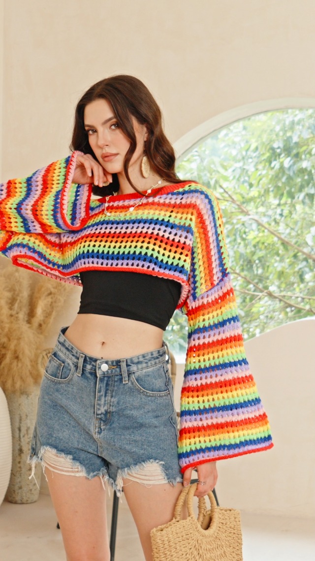 WDIRARA Women's Y2k Crochet Crop Top Hollow Out Sweater Pullover