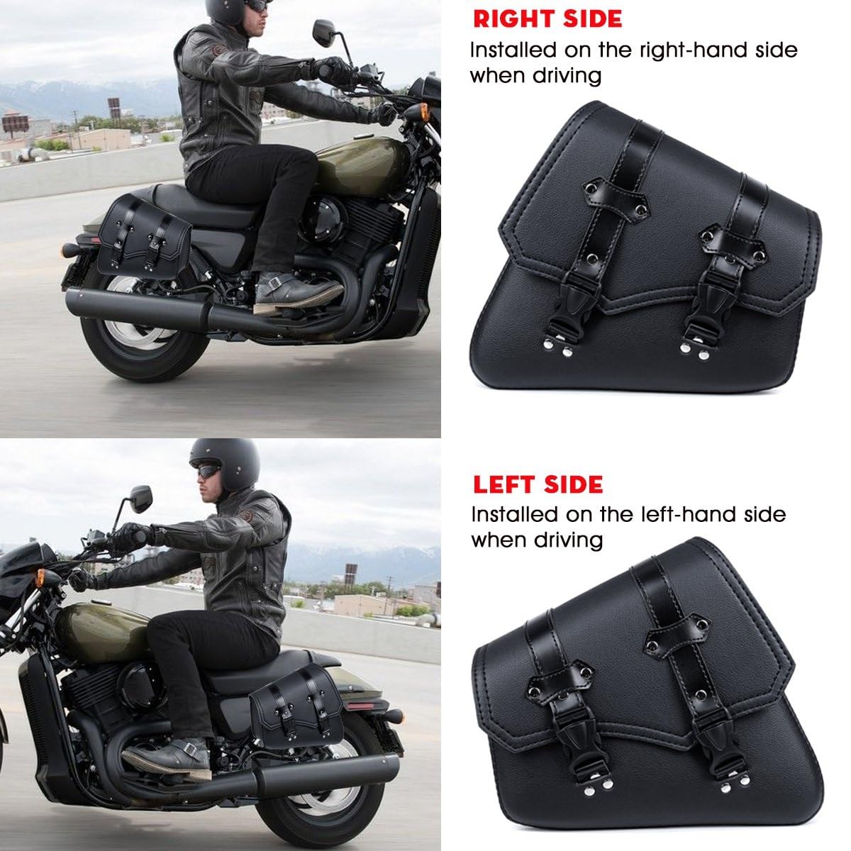 Borse Da Sella In Pelle Per Moto - Set Da 2 Borse Laterali Universali, Grandi, Con Fibbie E Strisce Riflettenti, Colore Nero - 2