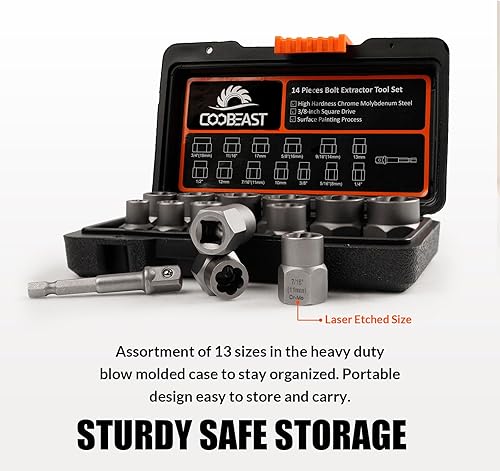 Miniatura 5 de Coobeast - Juego de extractor de pernos resistente, 13 piezas con adaptador de 38 pulgadas, para tuercas peladas, tornillos oxidados, redondeados y