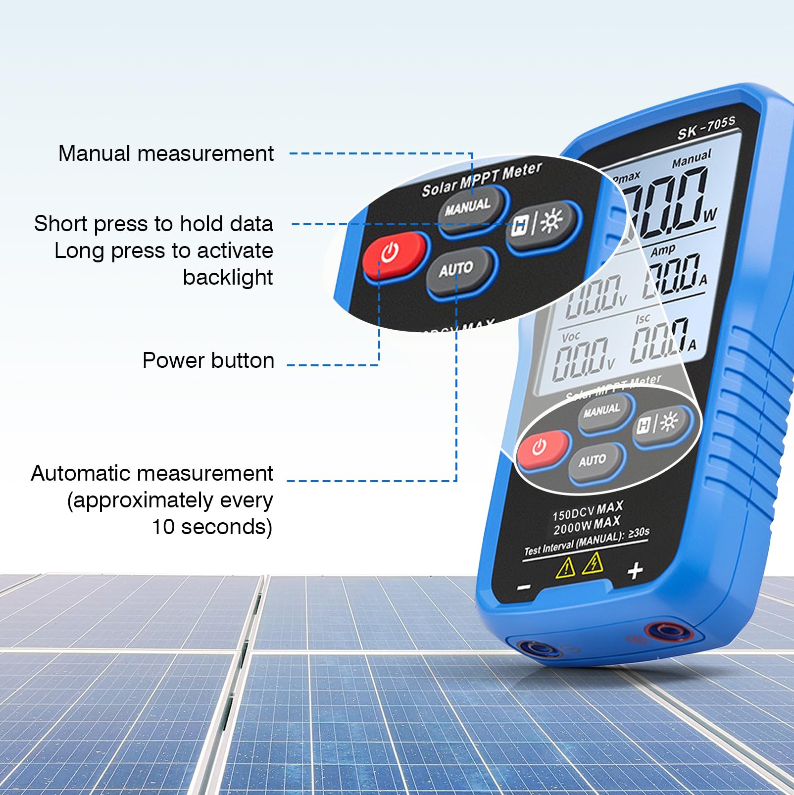PV Messgerät, 2000 W SK-705S Solarpanel tester Solar MPPT Leistungstester für Photovoltaikmodule,nicht höher als DC 150V 35A, Leerlaufspannungs Fehlerbehebung mit 3,2" LCD-Display, Voc Isc Vmp Pmax