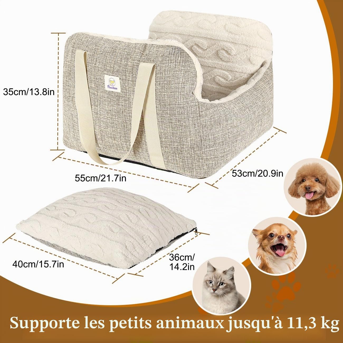 Pawaboo Siège d'Auto pour Petit Chien, Siège de Voiture pour Chiens avec Boucle de Fixation et Laisse de Sécurité, Sac de Transport de Voiture Rembourré pour Animal jusqu'à 25 Livres, Brun + Beige