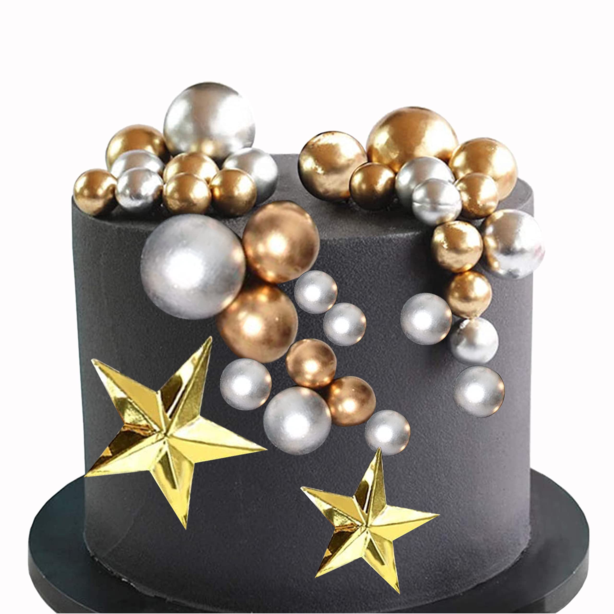 32 Pcs Gold Silver Balls Cake Topper DIY Pile Up Insert Happy Birthday Cake Toppers Gold Party Cupcake Decoration