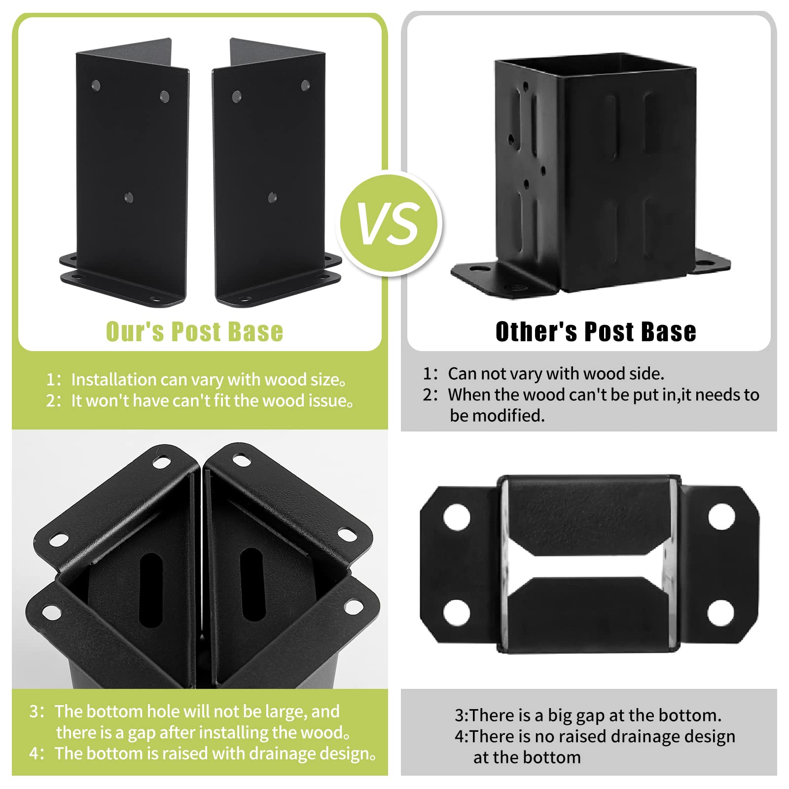 Nrspp 4x4 Post Base 4 Pcs, (Fit 3.5â€œx3.5"-4â€?x4") Adjustable Wood Fence Pergola Post Bracket, Black Powder Coated Post Anchor,Deck Post Base Support Base Plate Pergola Brackets Fence Kit