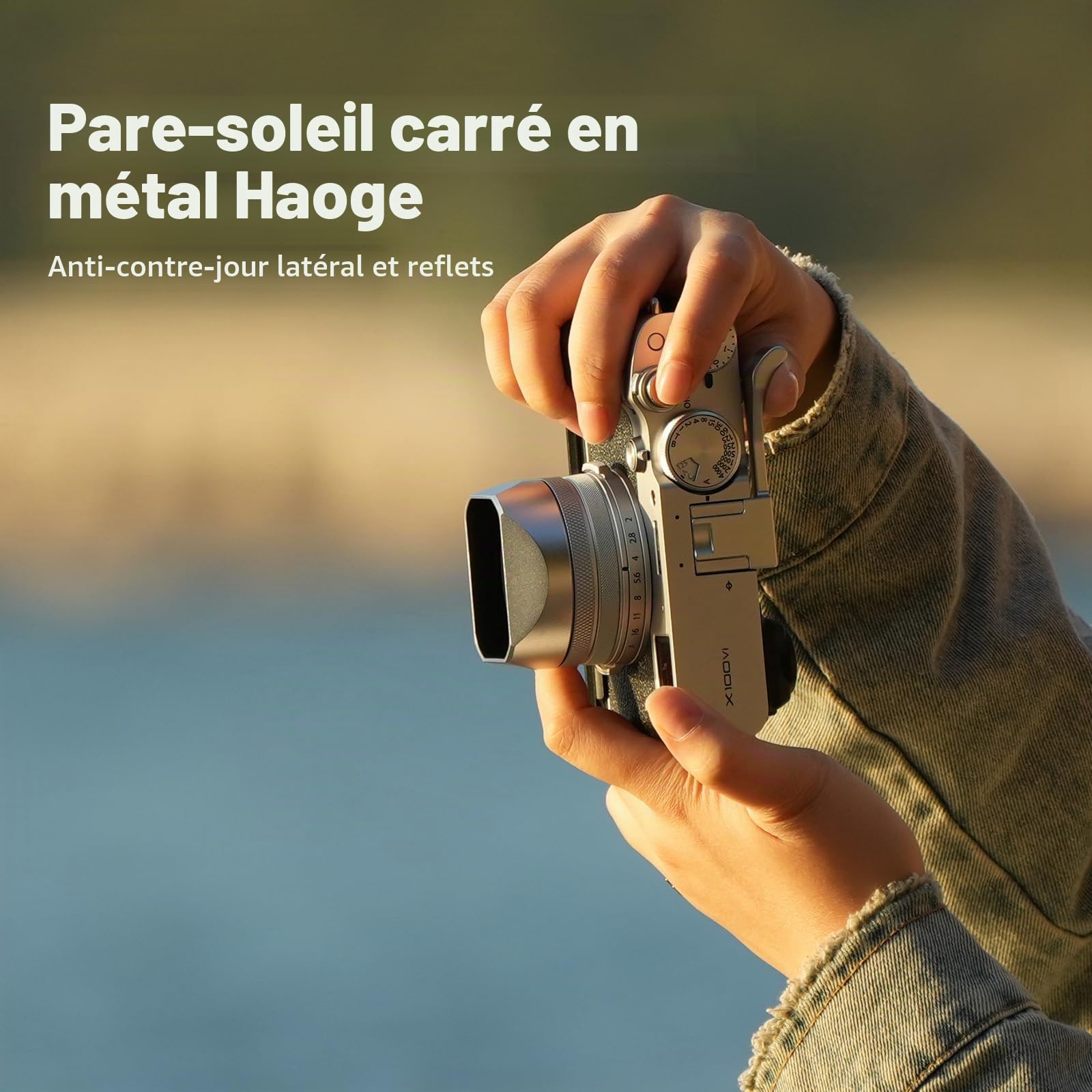 Haoge LH-X54W Pare-Soleil carré en métal avec Anneau Adaptateur 49 mm pour Appareil Photo Fujifilm x100vi Fuji X100V Argenté