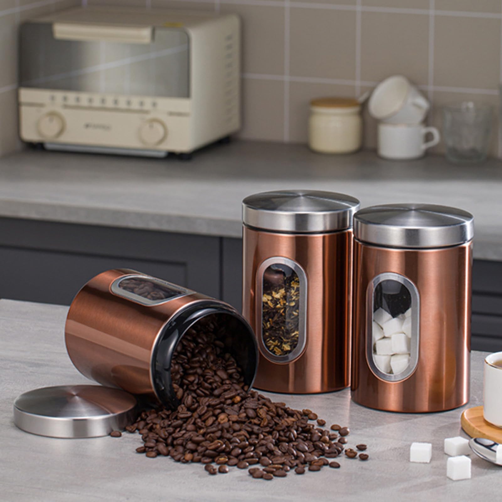 3-teiliges, elegantes, luftdichtes, transparentes Fenster Set für Kaffee und Zuckerdosen aus Edelstahl, für die Organisation von Vorratsdosen mit transparentem Fenster