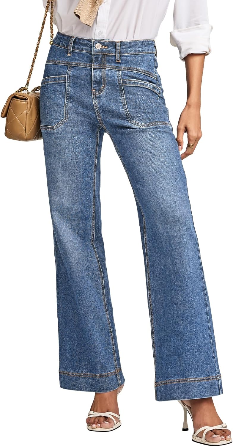 EVALESS Womens Jeans Wide Leg High Waisted Straight Bootcut Jeans Trendy Fall 2025 Zimbaplatinum Stretchy Denim Pants
