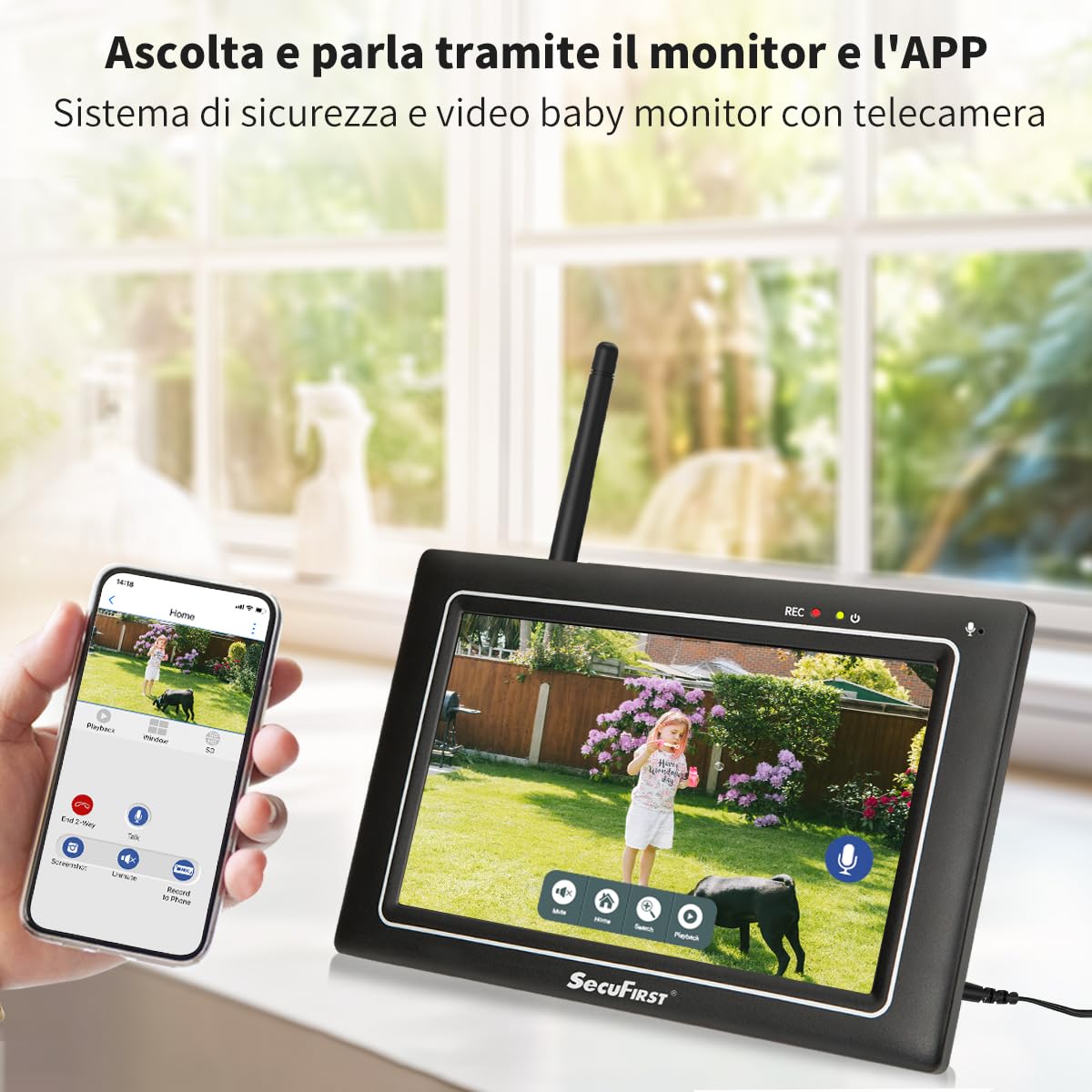 SecuFirst Kit Telecamere Videosorveglianza Esterno,Con monitor Touch Screen da 7",Lavora senza wifi,2K telecamere senza fili da esterno.64 GB di memoria,Nessun costo di abbonamento.