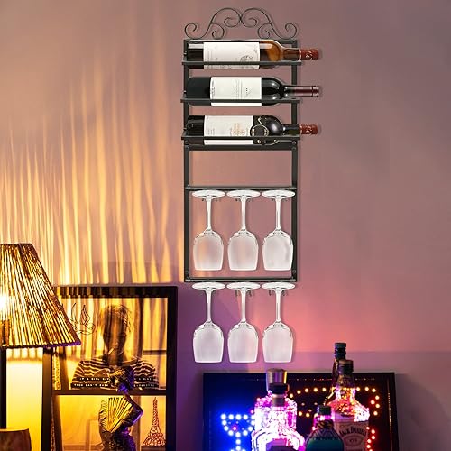 Miniatura 3 de Estante para copas de vino montado en la pared, 5 capas de metal colgante para botellas de vino con capacidad para 3 botellas, 6 vasos para vasos,