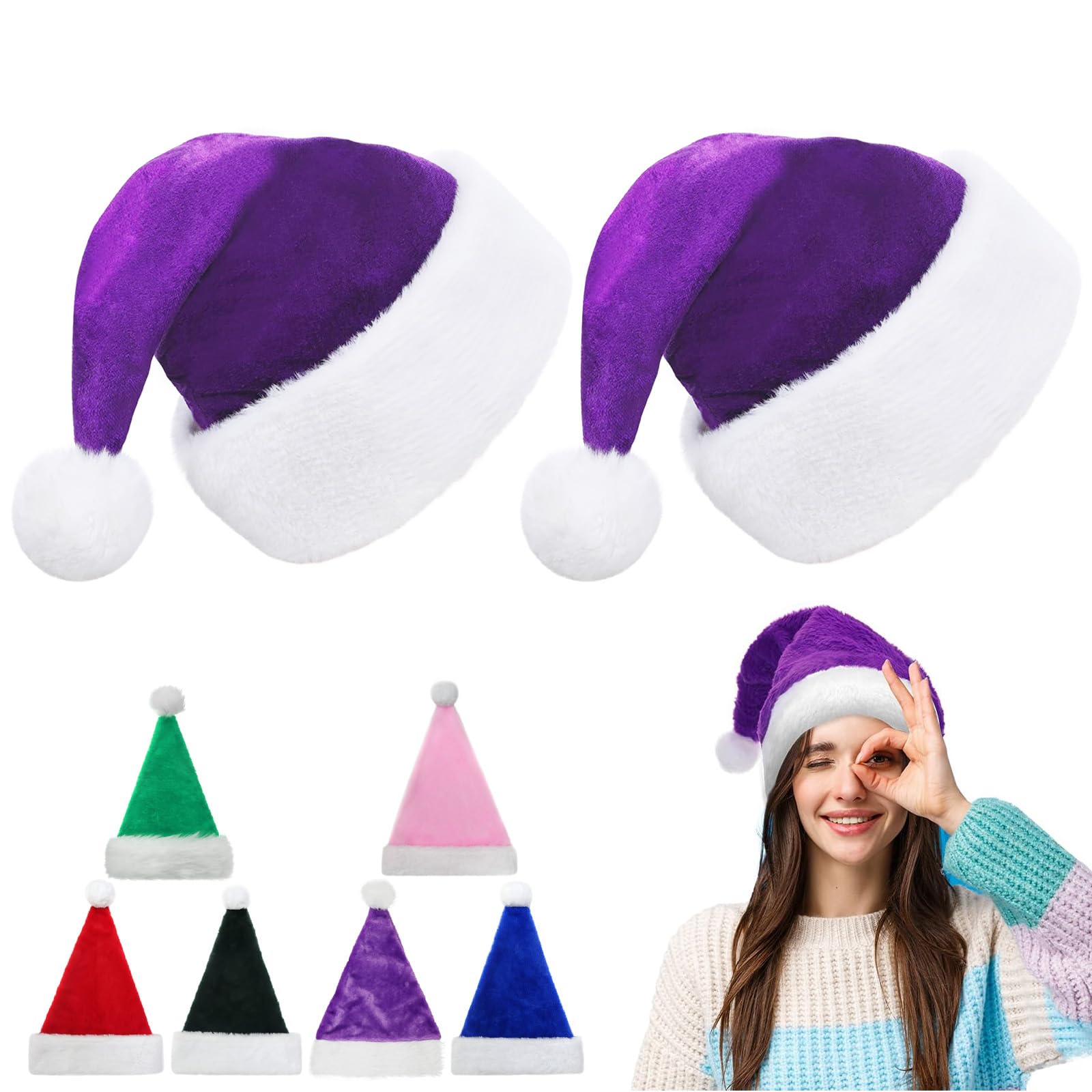45cm Christmas Hats Santa Hat for Adults,2 Pcs Deluxe Velvet Xmas Santa Claus Hat,Unisex Velvet Comfort Christmas Party Hat Thicken Classic Fur for New Year Festive Christmas Party Supplies(Purple)