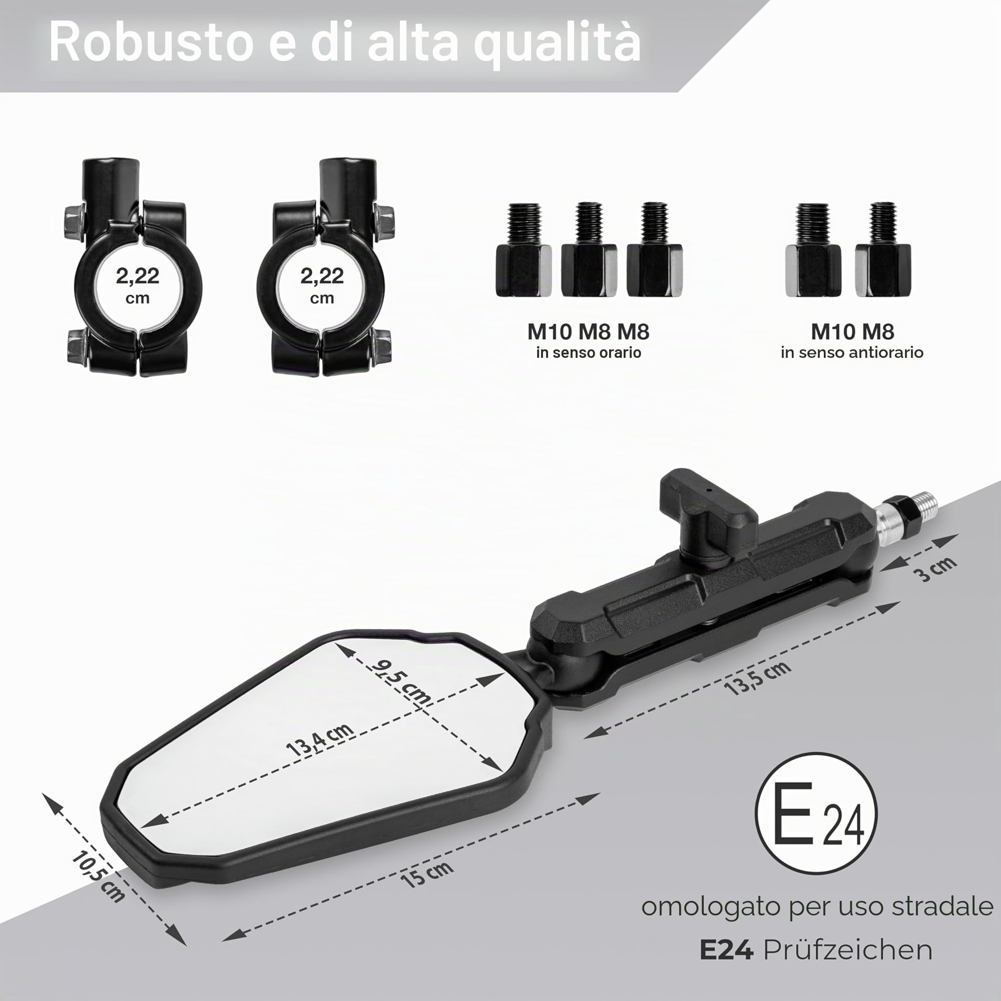 Specchio universale per moto Enduro con E-mark - Regolabile per manubrio da 22mm e viti M8/M10, ideale per strada e fuoristrada, certificato E24