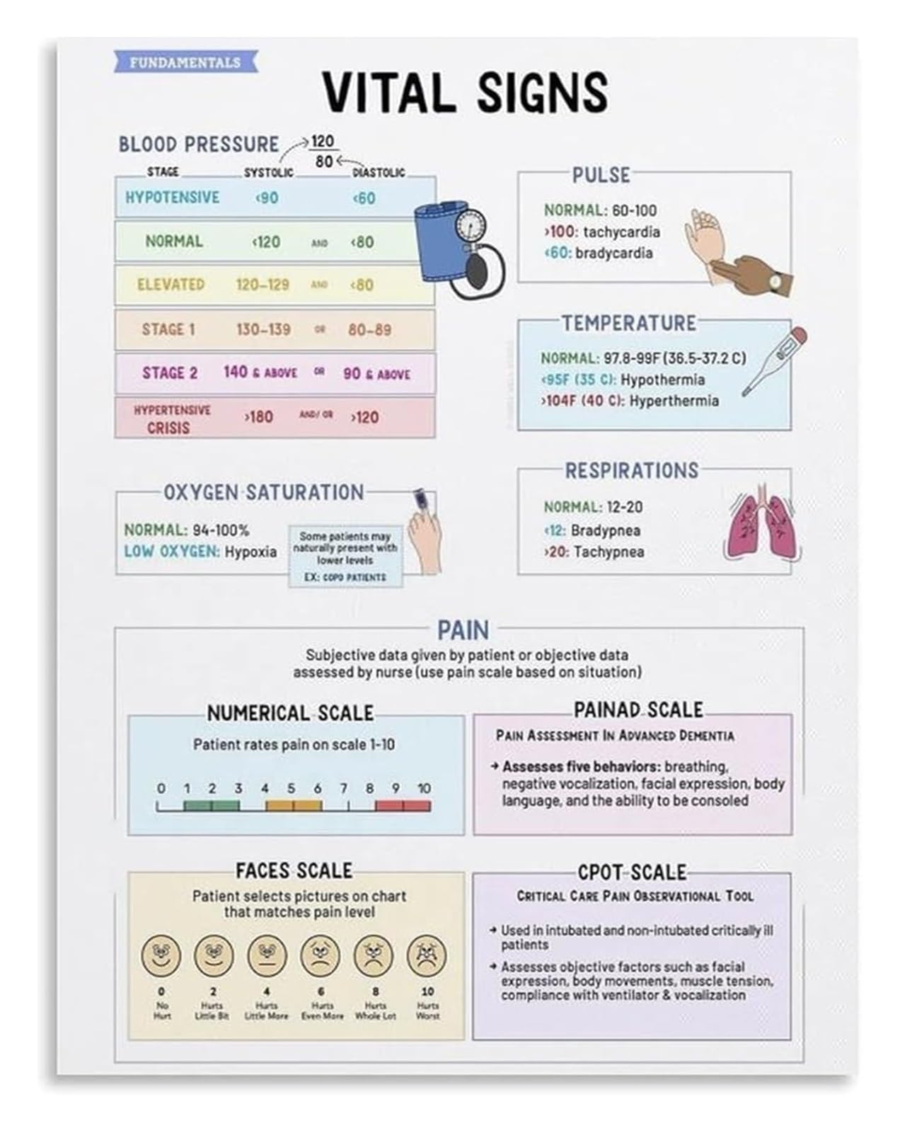 FNYUVNFAF Vital Signs Reference Chart Poster Health Knowledge Cheat Sheet for Clinical Training Room Wall-Art